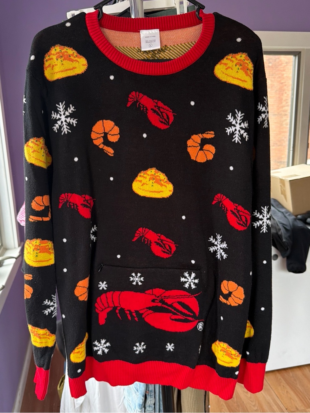 Red Lobster Ugly holiday sweater size L with Hot pocket for cheddar bay biscuits